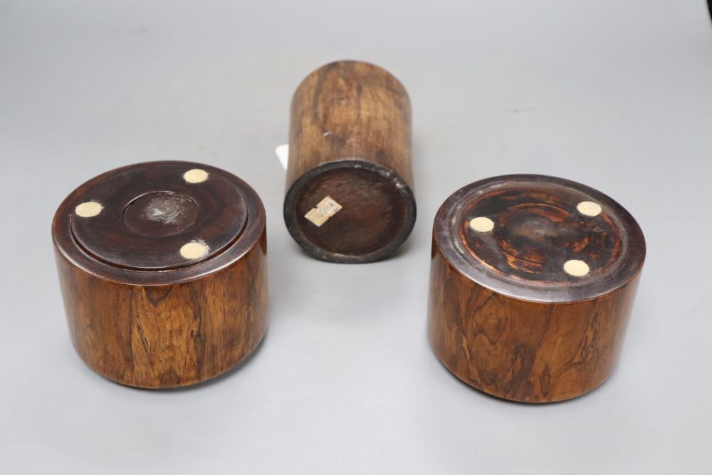 A Chinese huang huali brush pot and two ink jars and covers, 19th century, tallest 11.5cm